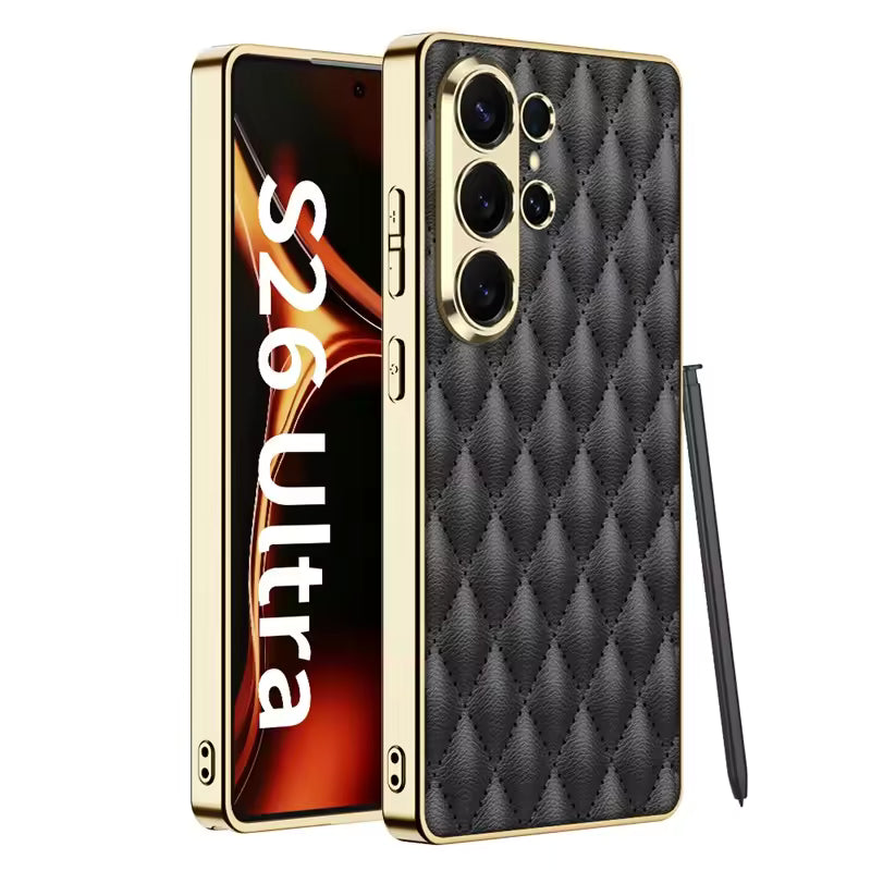Luxury Quilted Back Cover for Samsung Galaxy S26 Ultra – Electroplated Frame Case