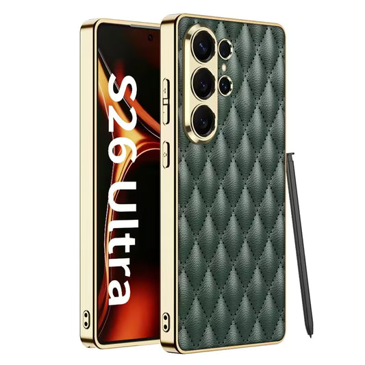 Luxury Quilted Back Cover for Samsung Galaxy S26 Ultra – Electroplated Frame Case