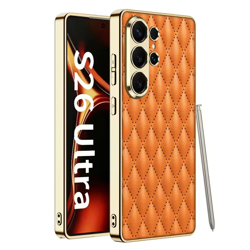 Luxury Quilted Back Cover for Samsung Galaxy S26 Ultra – Electroplated Frame Case