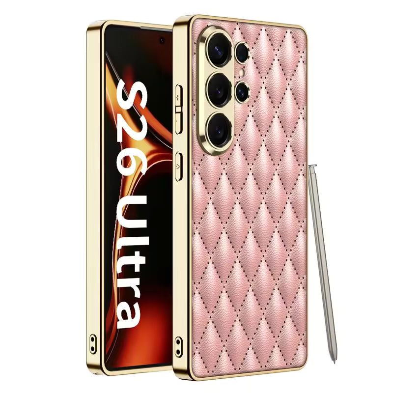 Luxury Quilted Back Cover for Samsung Galaxy S26 Ultra – Electroplated Frame Case