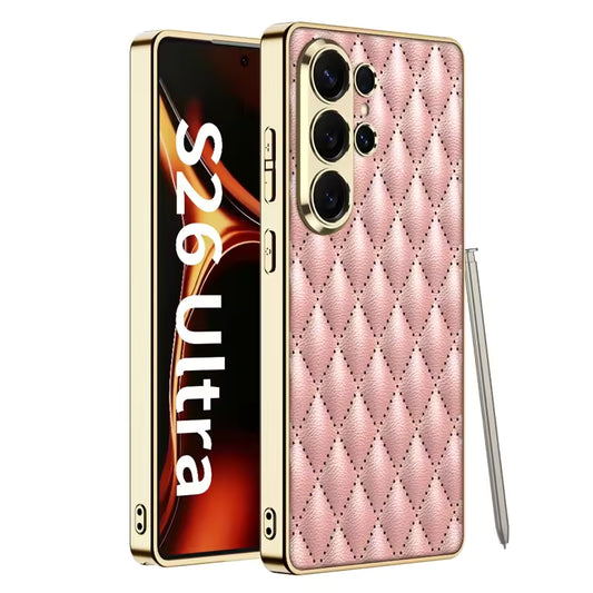 Luxury Quilted Back Cover for Samsung Galaxy S26 Ultra – Electroplated Frame Case