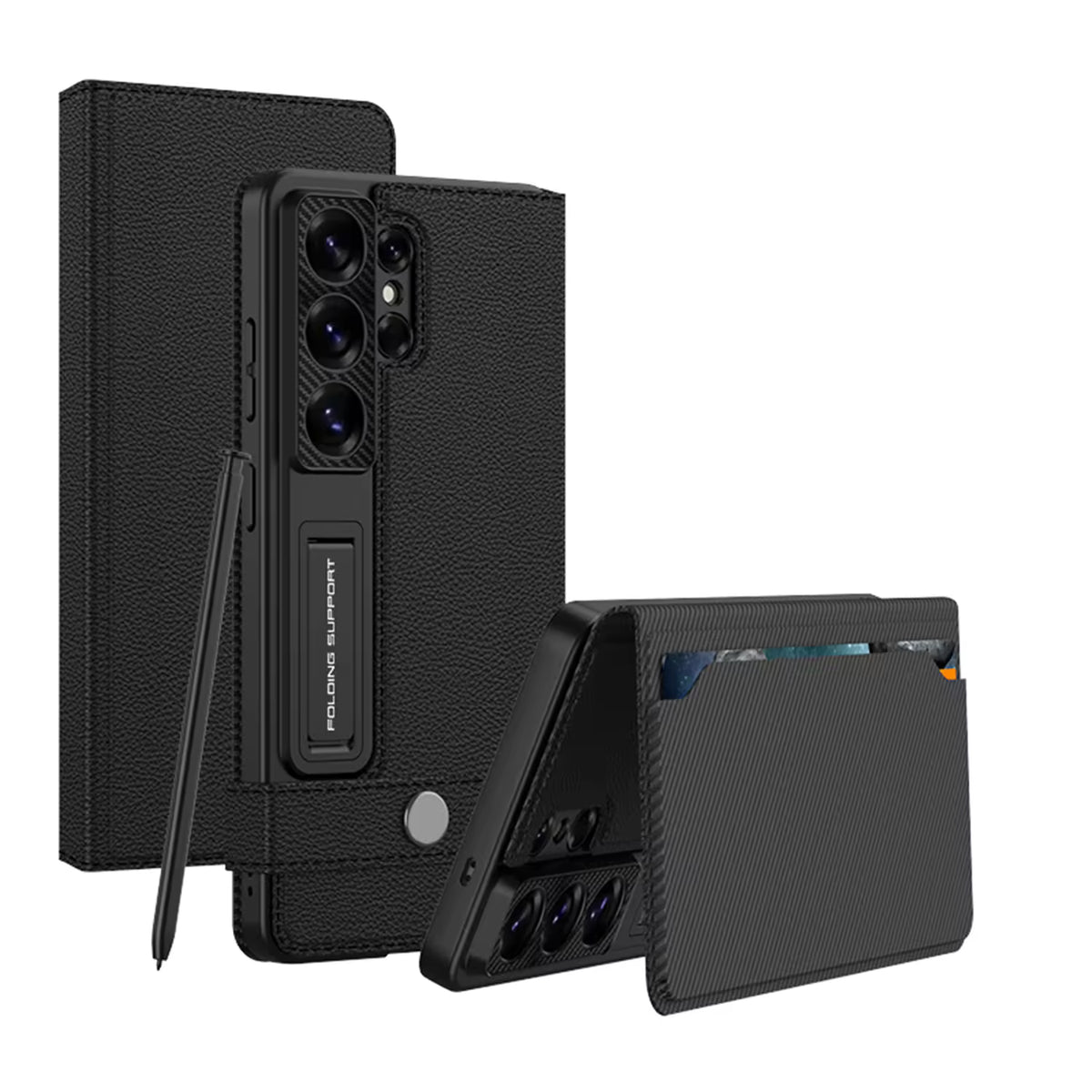 S26 Ultra Luxury Matte PU Leather Wallet Case with Folding Kickstand & Card Holder