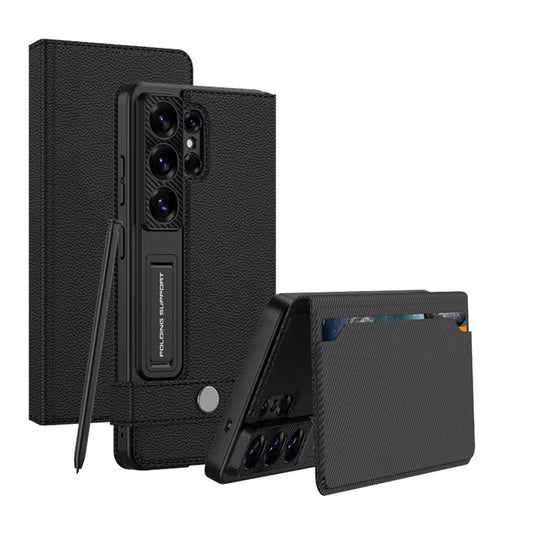 S26 Ultra Luxury Matte PU Leather Wallet Case with Folding Kickstand & Card Holder