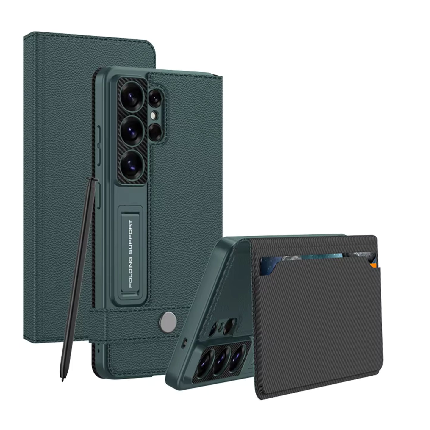 S26 Ultra Luxury Matte PU Leather Wallet Case with Folding Kickstand & Card Holder