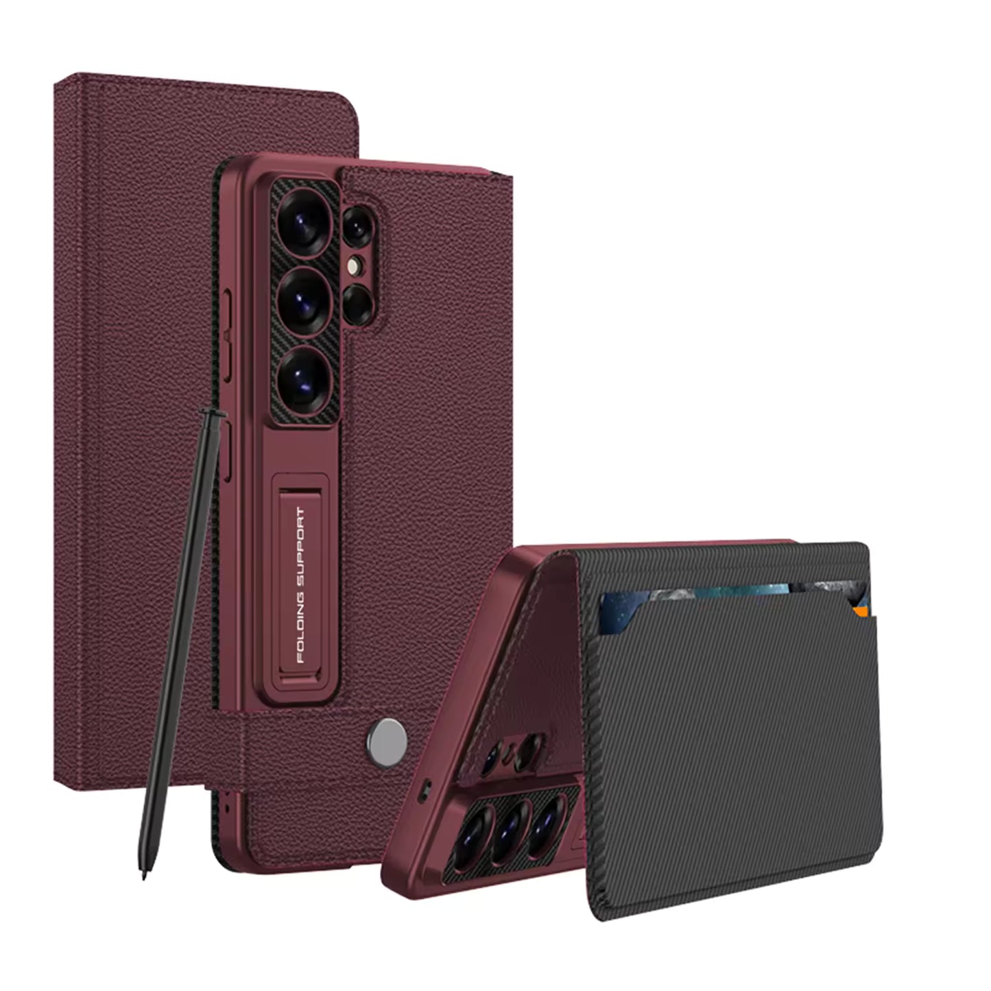 S26 Ultra Luxury Matte PU Leather Wallet Case with Folding Kickstand & Card Holder