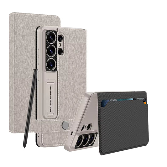 S26 Ultra Luxury Matte PU Leather Wallet Case with Folding Kickstand & Card Holder