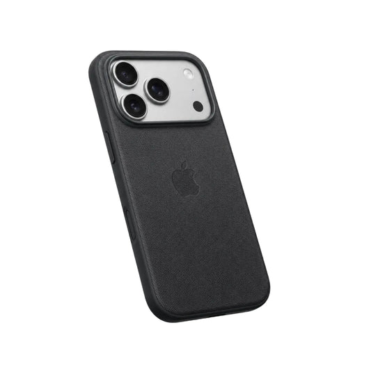 A black textured protective phone case with an embossed Apple logo, shown floating on a light gray background.