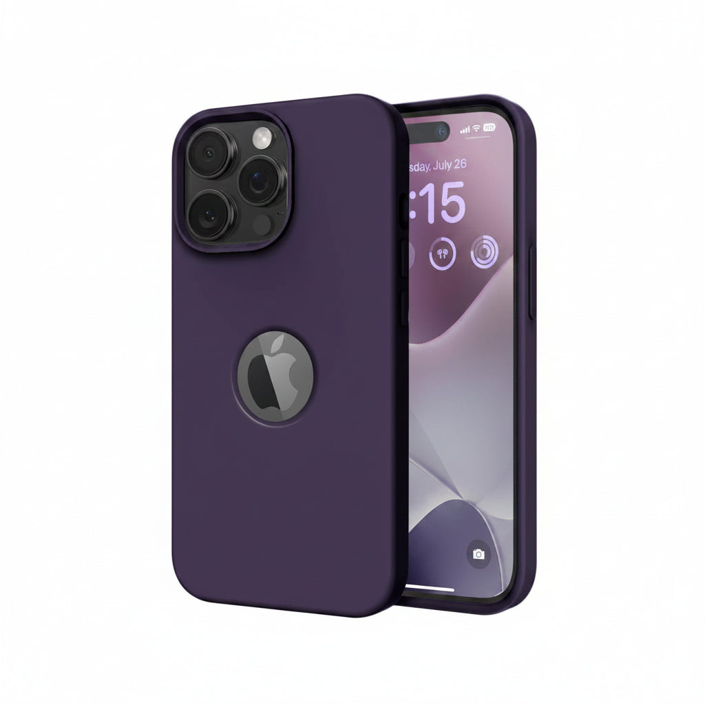A dark purple protective phone case shown on an iPhone, displaying both the back and front views against a clean white background.