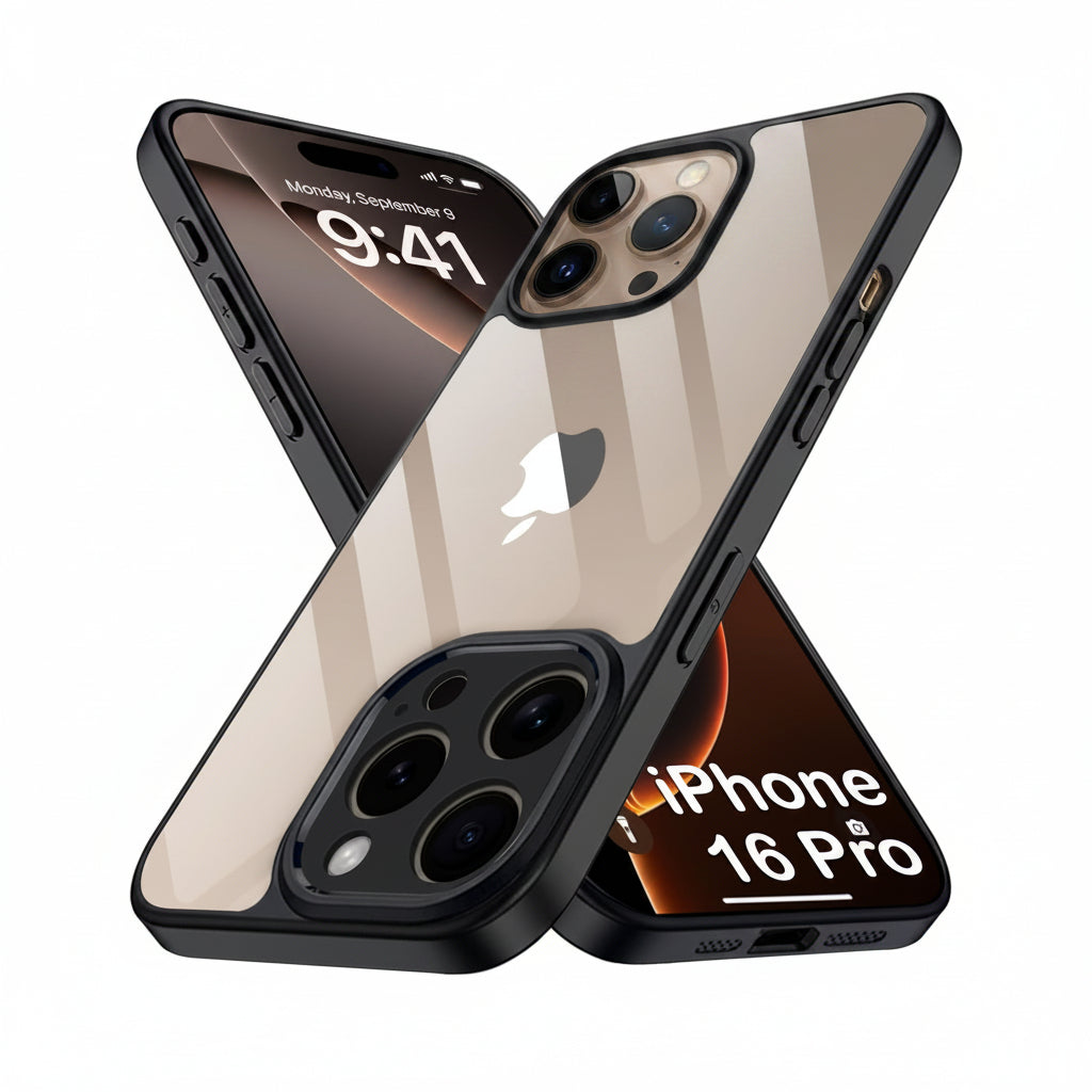 A transparent glass phone case with a black bumper frame, shown fitted on two iPhones against a plain white background. One phone displays the lock screen, and the other shows the camera cutout area.