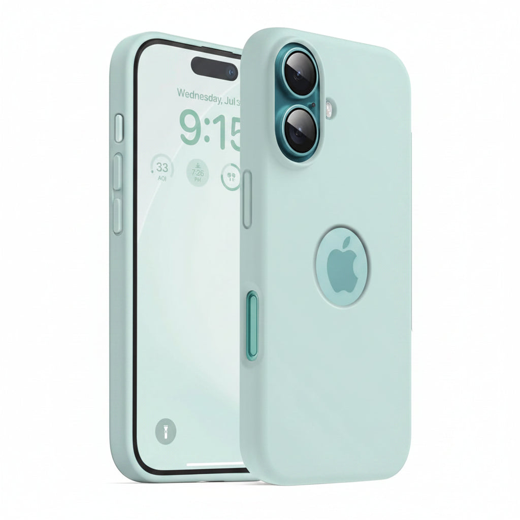 A light mint green protective phone case shown on a smartphone, displaying both the back view with a circular cutout and the front view with side button cutouts.