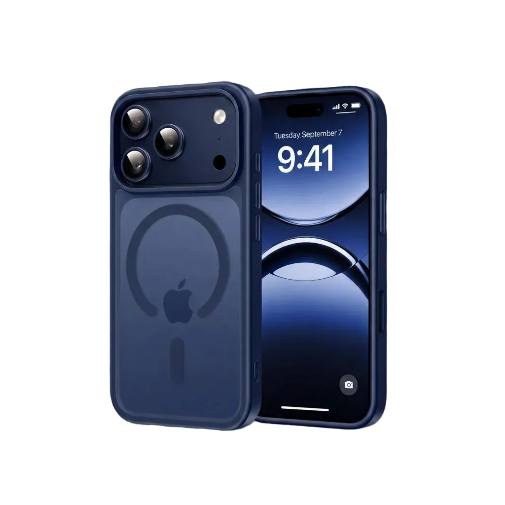 A dark navy blue MagSafe-compatible phone case shown on the back of an iPhone, alongside the front view of the same iPhone displaying its lock screen.