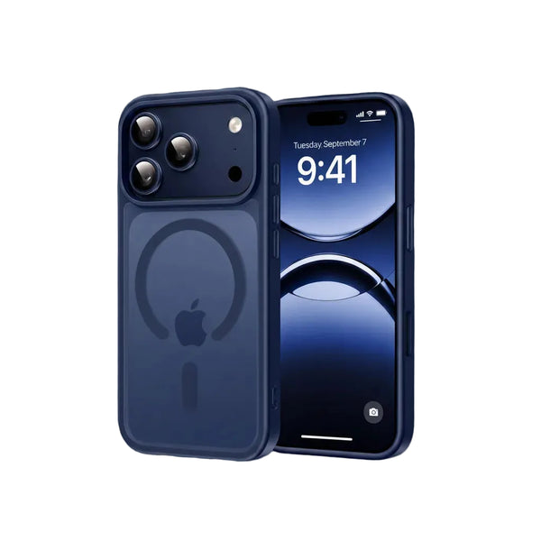 A dark navy blue MagSafe-compatible phone case shown on the back of an iPhone, alongside the front view of the same iPhone displaying its lock screen.