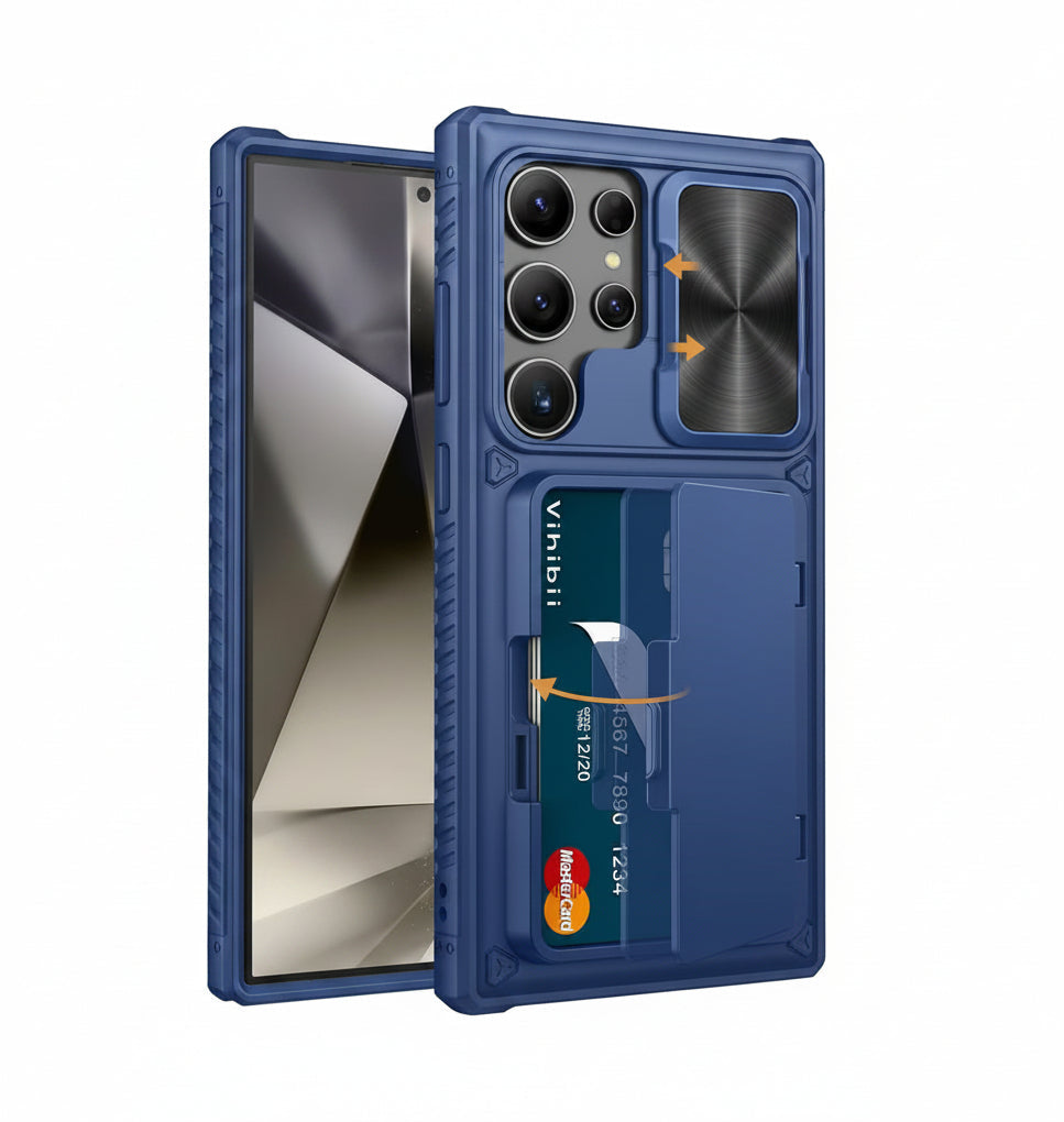 Blue phone case with card holder and visible brand logo