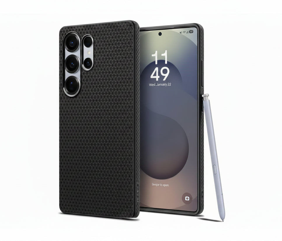 A black protective phone case with a textured geometric pattern, shown on a smartphone alongside a matching stylus on a white background.
