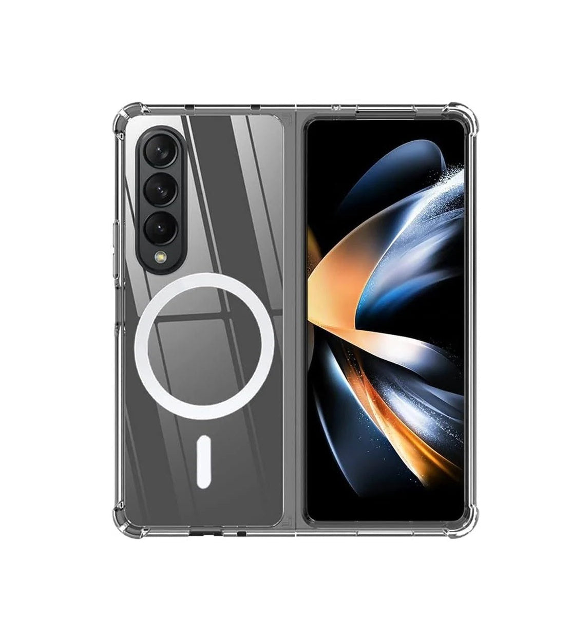 A clear protective case for a foldable smartphone, shown from both the back and front angles against a plain white background. The back of the case features a white circular MagSafe ring and a vertical white cutout.